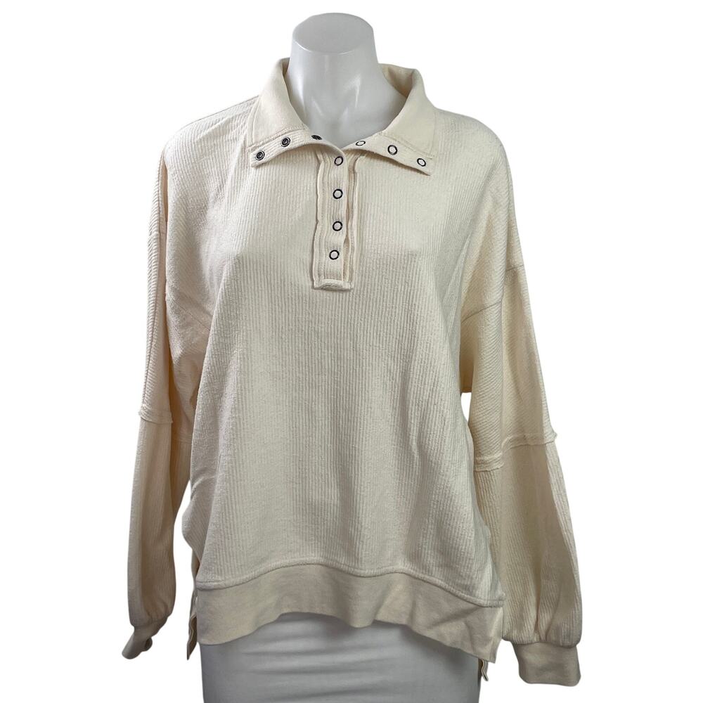 Thread + Supply Women's Cream Long Sleeve Snap Rib Knit Polo Sweatshirt Top M